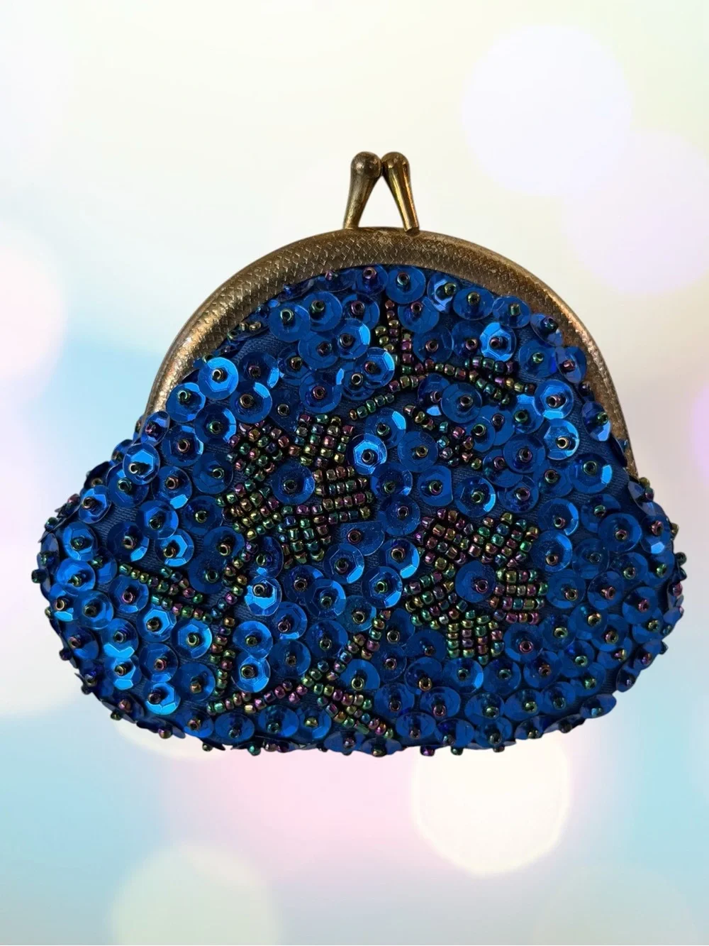 Blue Beaded and Sequined Kiss-Lock Coin Purse